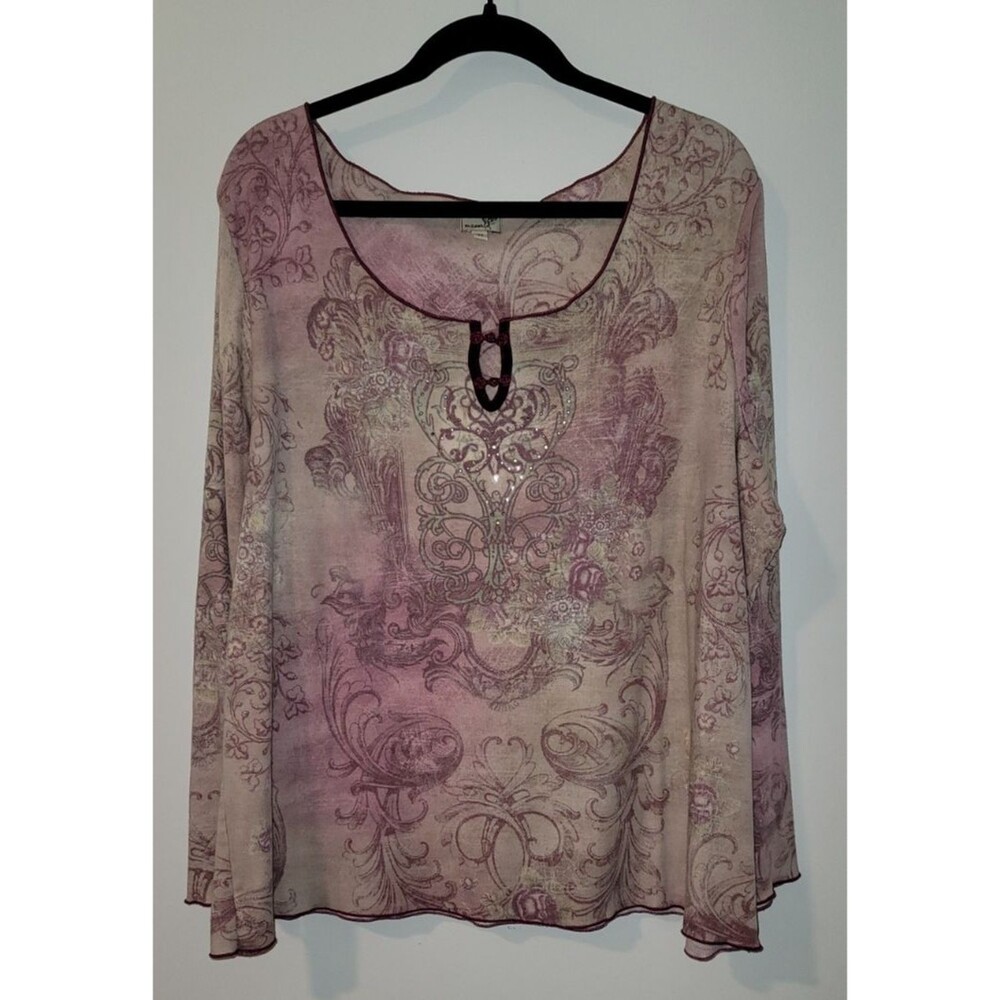 One World Vintage Y2K Long Sleeve Top 3X Floral Script Graphic USA Made